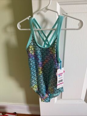 Limited Too Girls Aqua Mermaid Scale One-Piece Swimsuit with Rainbow Accents